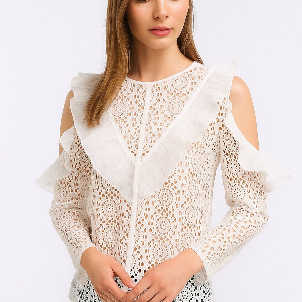 New! Sandro Bonnie Cold Shoulder White Lace Top Women’s SIZE 1 - Picture 1 of 11